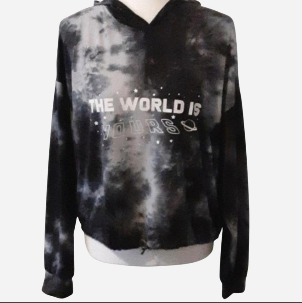 UK2LA The World Is Yours Tie Dye Cropped Hoodie Size M Gray Black Soft Y2K